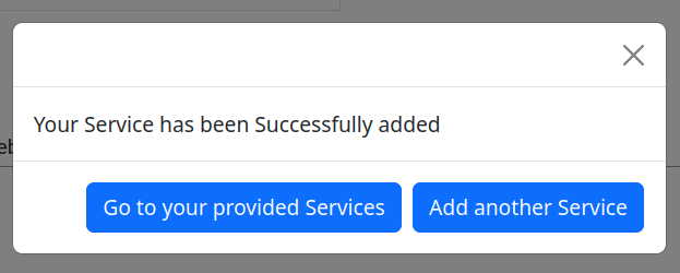 Catalog success message: "Your Service has been successfully added."