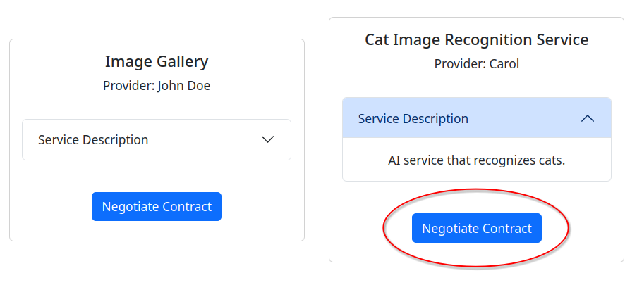 List of Services, with the Negotiate Contract button of the Cat Image Recognition Service circled